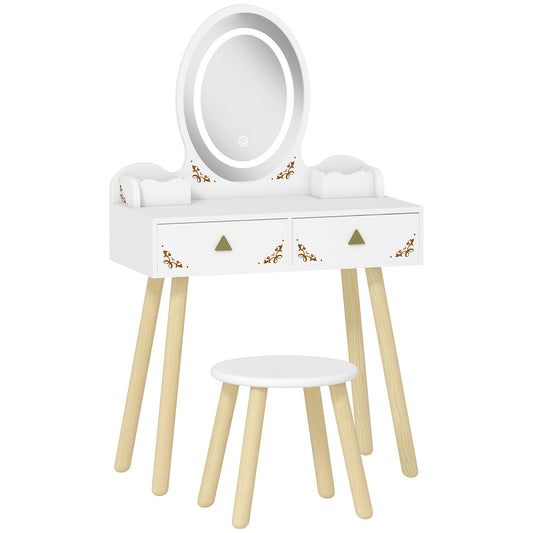 AIYAPLAY Kids Vanity Table and Chair Set with 3-Colour LED Lights Mirror, Drawer, Storage Boxes, for 3+ Years, White