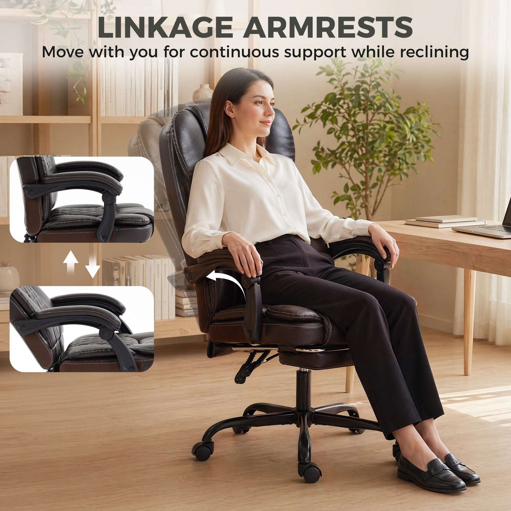 High-Back Executive Reclining Office Chair | 90-135° Recline | Linkage Armrests | Retractable Footrest | Pocket Spring & Foam Seat | PU Leather | EN1335 & BS5852 | 120kg | Brown