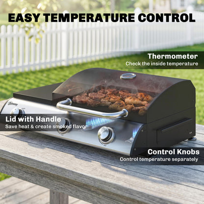 3 Burner Portable Gas Plancha BBQ Grill | 8.1kW | 2224cm² | Grill & Griddle | Thermometer | Side Shelf | Grease Box | LPG/Propane | 77x47x27cm | Black