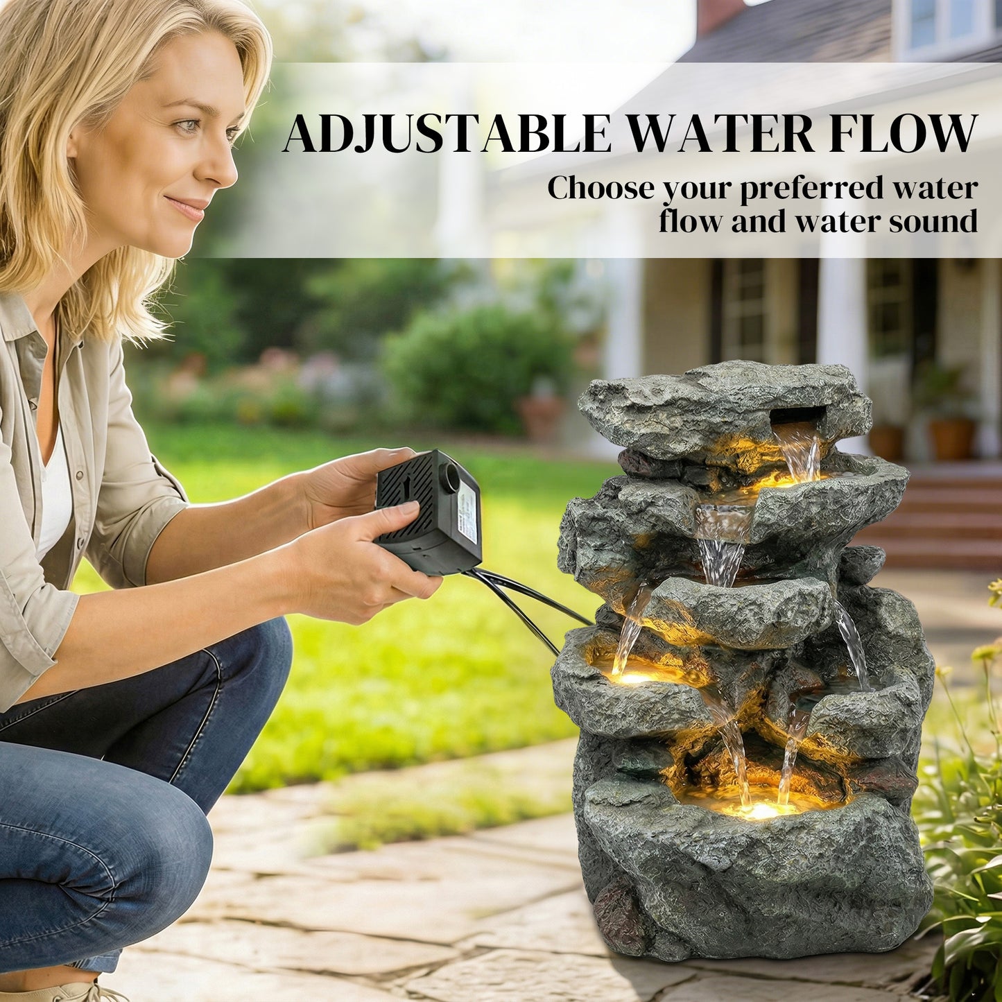 Compact 6-Tier Rock Design Garden Fountain | LED Lights | Adjustable Pump | Grey | 36.5cm