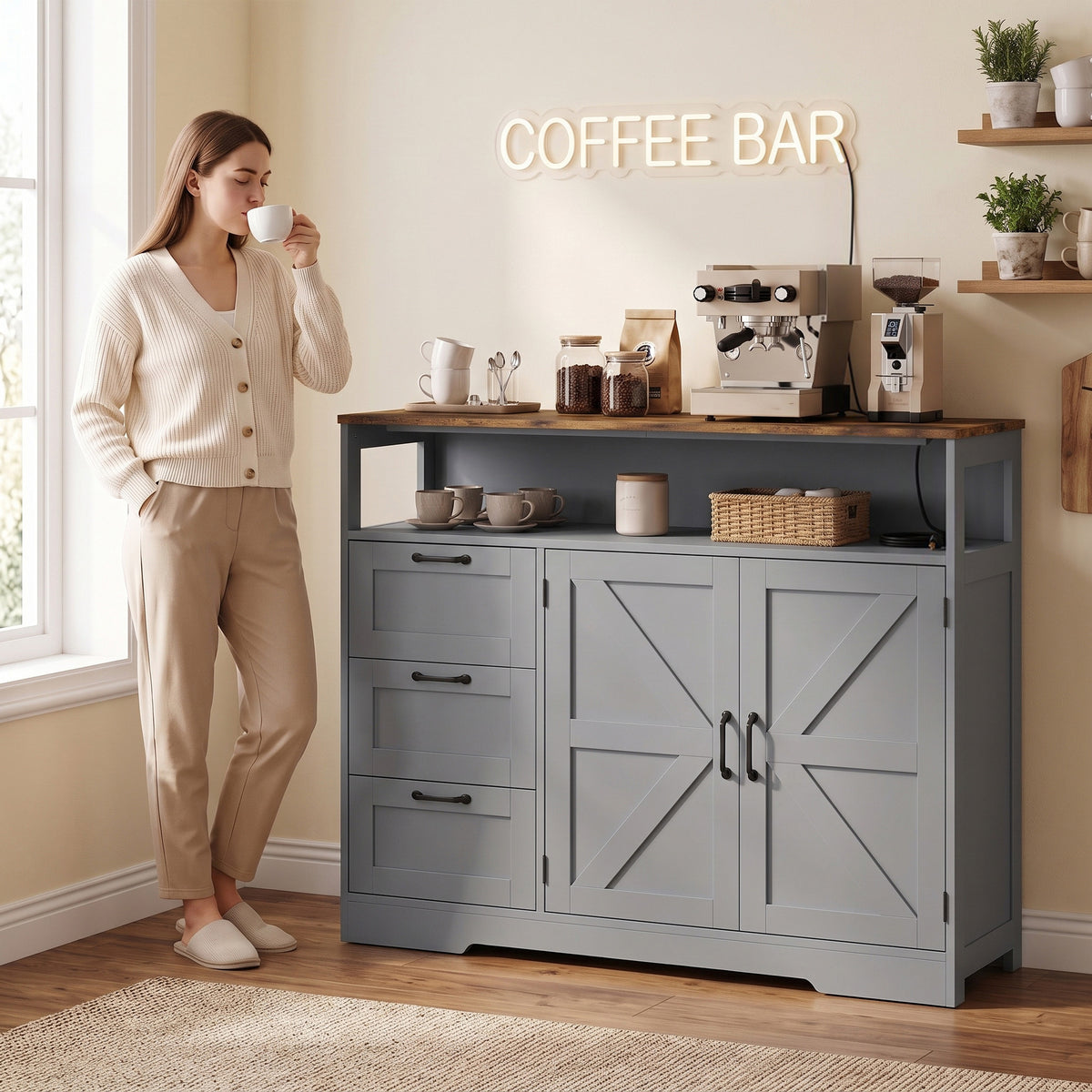 Farmhouse Sideboard with Built-In Charging Station | 2 AC Outlets USB USB-C | 3 Drawers | Adjustable Cabinet Shelf | Open Shelf | 120x35x95cm | 55kg | Melamine | TV Stand to 42in | Grey