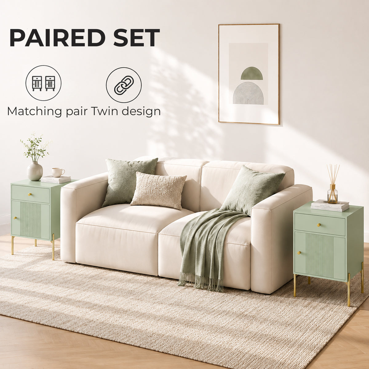 Set of 2 Modern End Tables | Light Green | Particleboard Metal Legs | 40x35x60cm Each | Drawer Cabinet & Shelf | 40kg | Melamine Surface | Metal Slide Runners | Living Room Bedroom