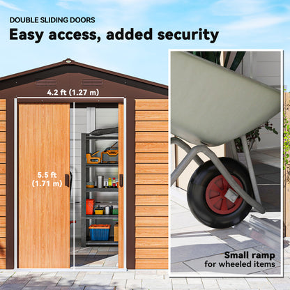 Outsunny 9 x 6ft Galvanised Steel Shed - Brown Wood-Effect