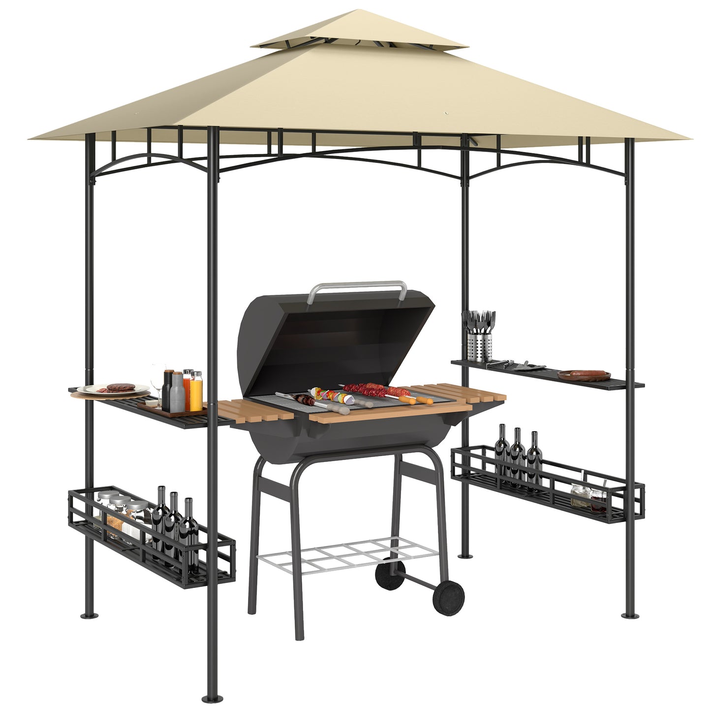 8' x 5' Grill Gazebo Canopy, Double Tiered Outdoor BBQ Gazebo Shelter with 2 Side Shelves, Storage Baskets, Hook for Garden