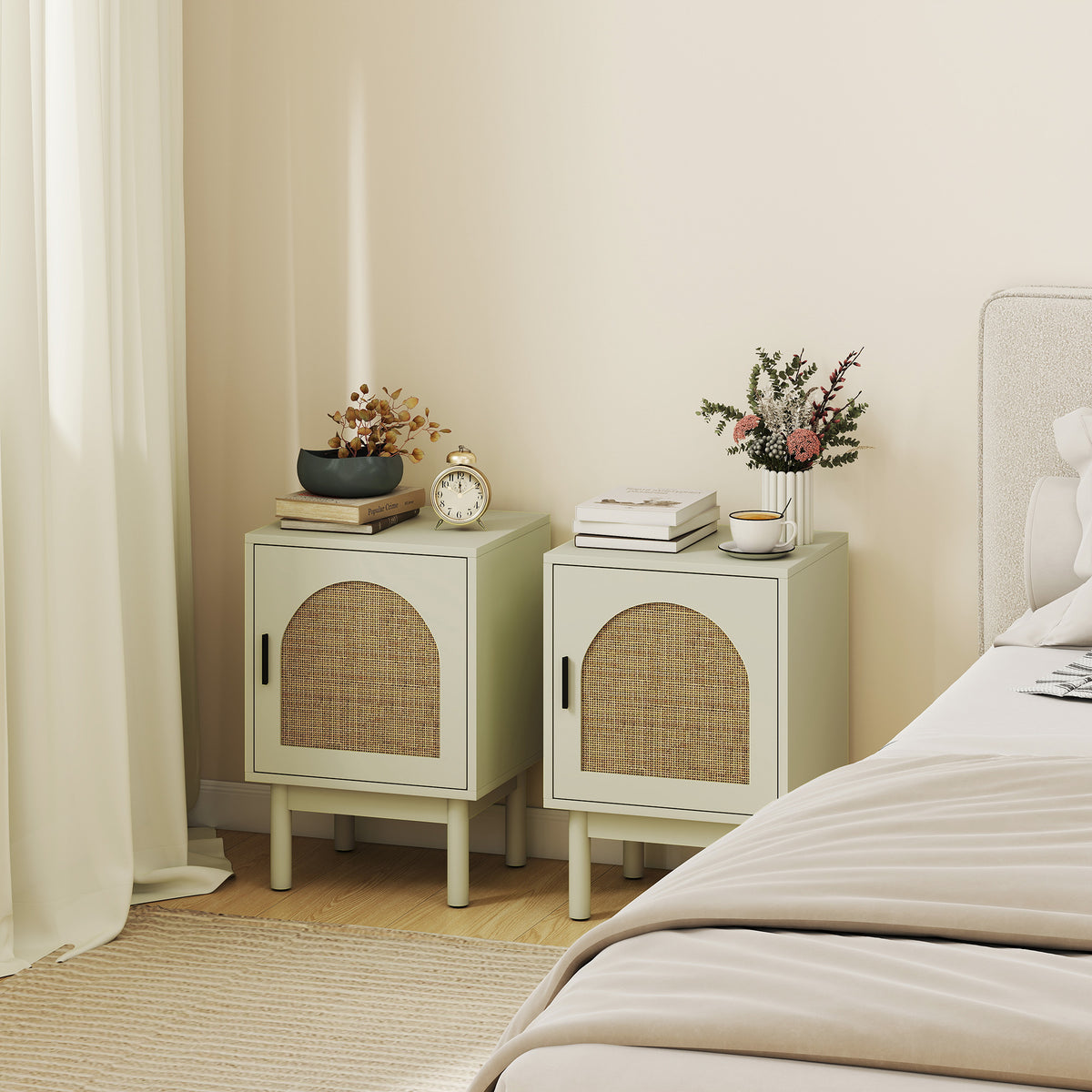 Set of 2 Rattan Bedside Tables | Light Green MDF & Rattan | 40x35x58cm Each | Arched Door | 3-Level Adjustable Shelf | Solid Wood Legs | Non-Slip Pads | 40kg | Bedroom Side Table