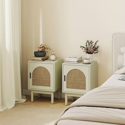 Set of 2 Rattan Bedside Tables | Light Green MDF & Rattan | 40x35x58cm Each | Arched Door | 3-Level Adjustable Shelf | Solid Wood Legs | Non-Slip Pads | 40kg | Bedroom Side Table