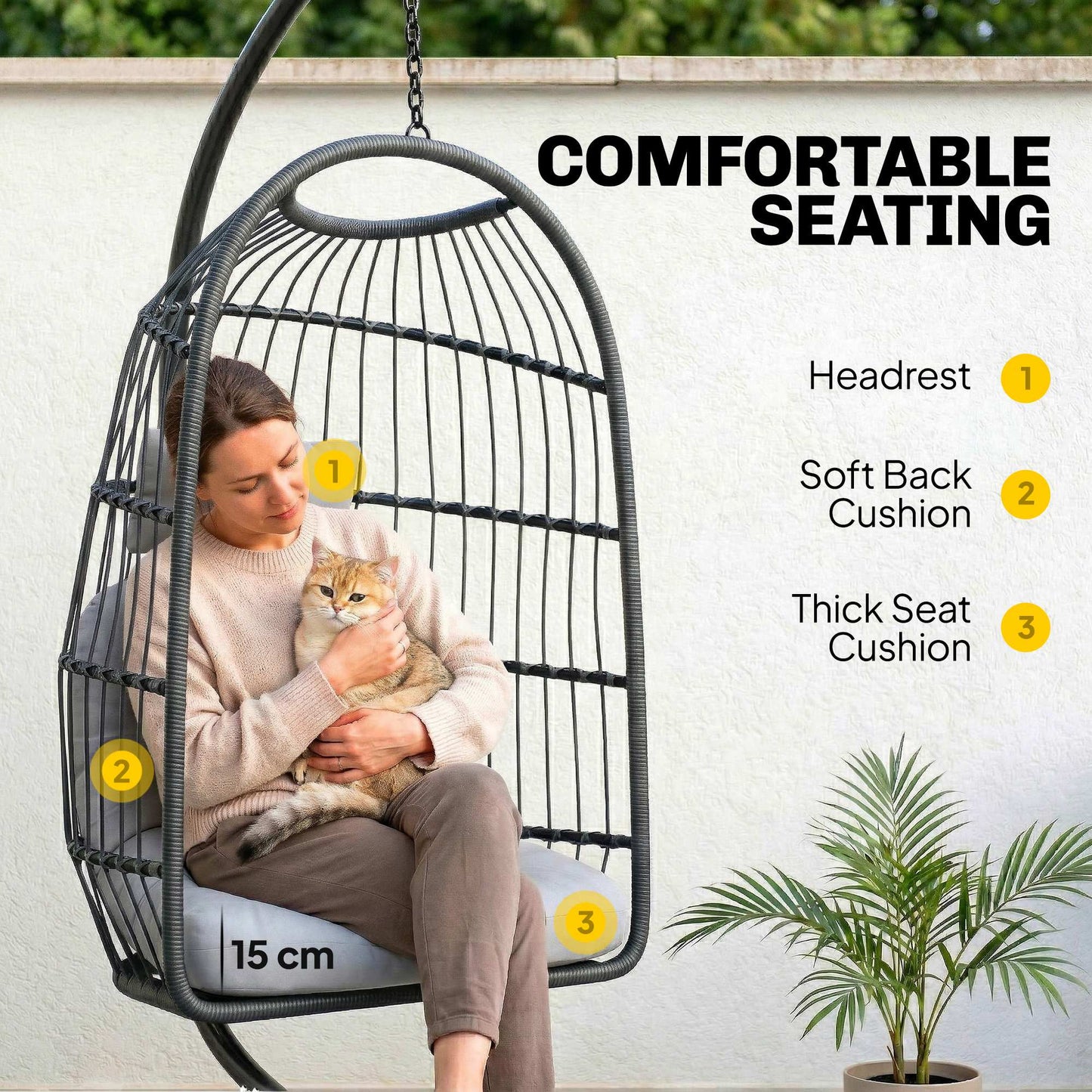 Hanging Egg Chair with Stand | 15cm Cushion | Foldable Basket | Safety Strap | Dark/Light Grey