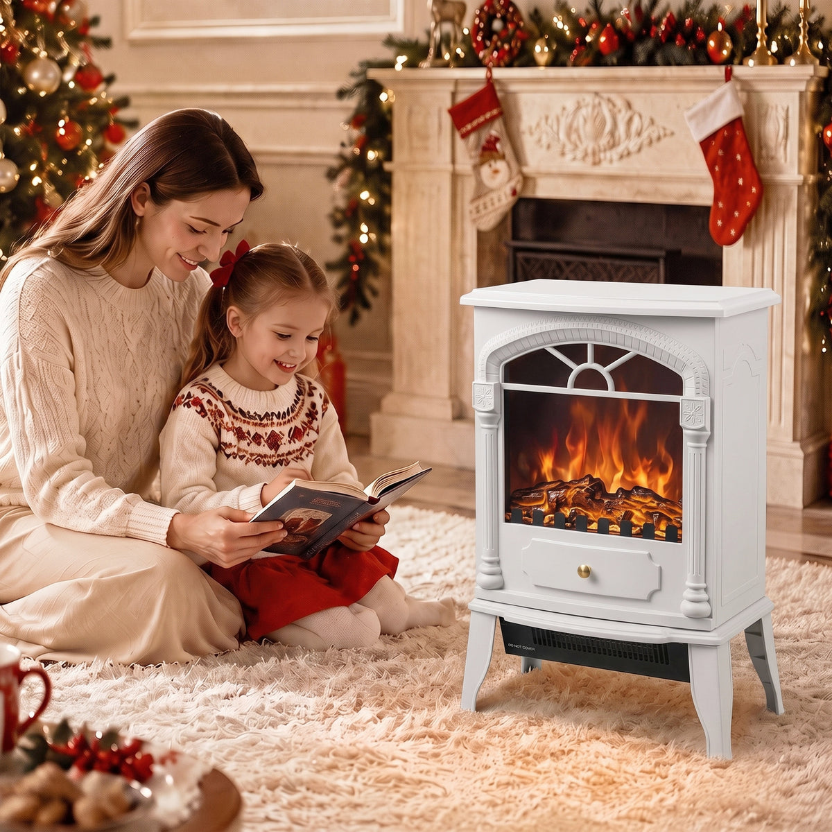 Electric Fireplace Stove | White Portable 2000W Heater with 3D Flame Effect & Thermostat