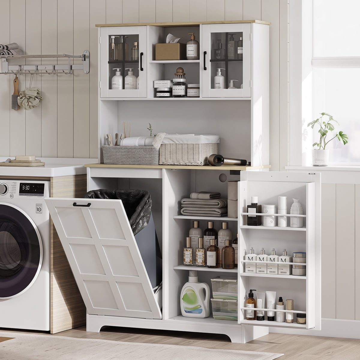 175cm Tall Kitchen Cabinet | Bin Cabinet | Acrylic Doors | 3 AC Outlets | Adjustable Shelves | 141kg | 100x35x175cm | White