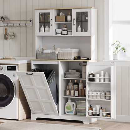 175cm Tall Kitchen Cabinet | Bin Cabinet | Acrylic Doors | 3 AC Outlets | Adjustable Shelves | 141kg | 100x35x175cm | White