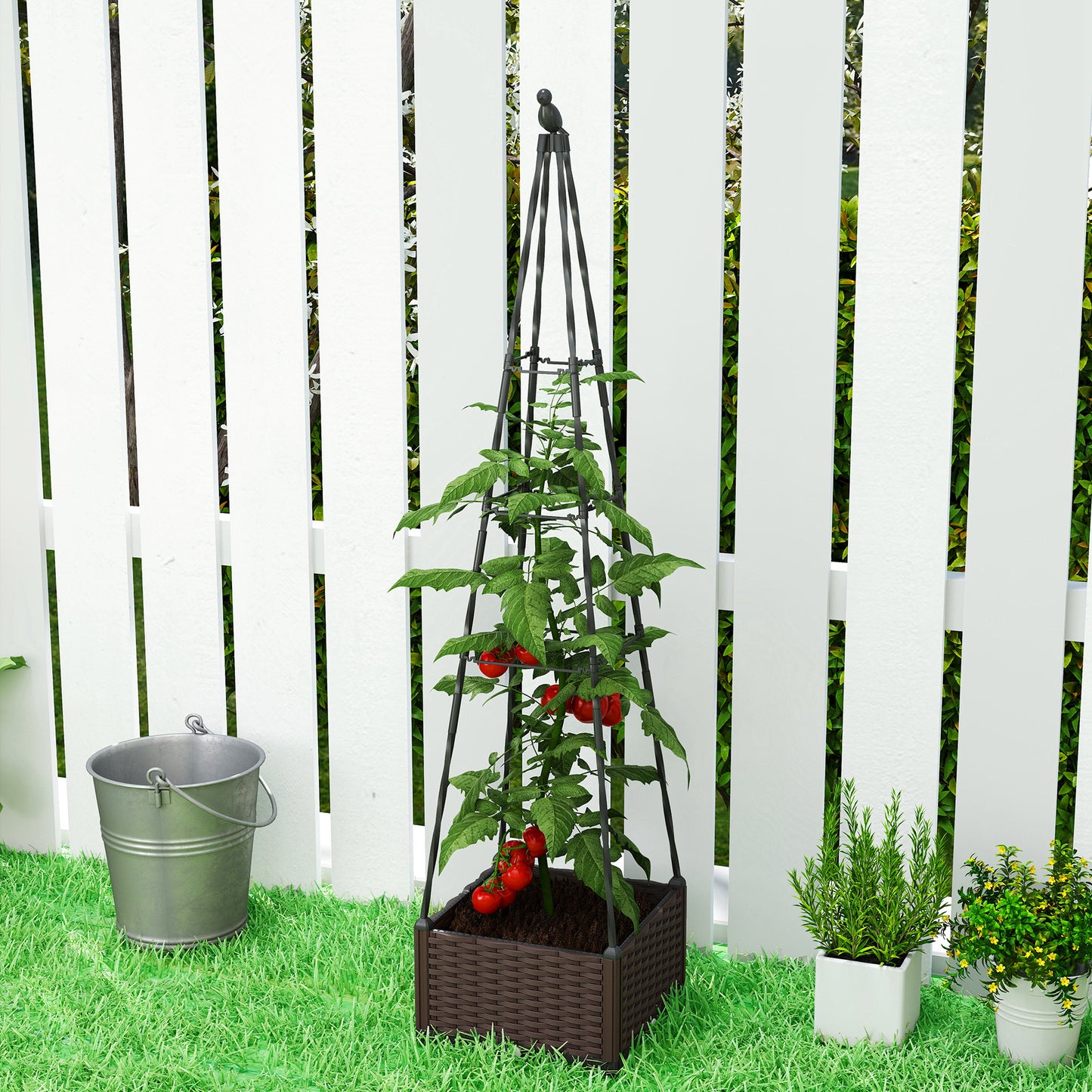 Rattan-Look PP Raised Planter with Tall Trellis | Self-Watering Reservoir | 24.6L | Drainage Holes & Plugs | Tool-Free Assembly | 40x40x175cm | Tomatoes Herbs & Climbers | Black