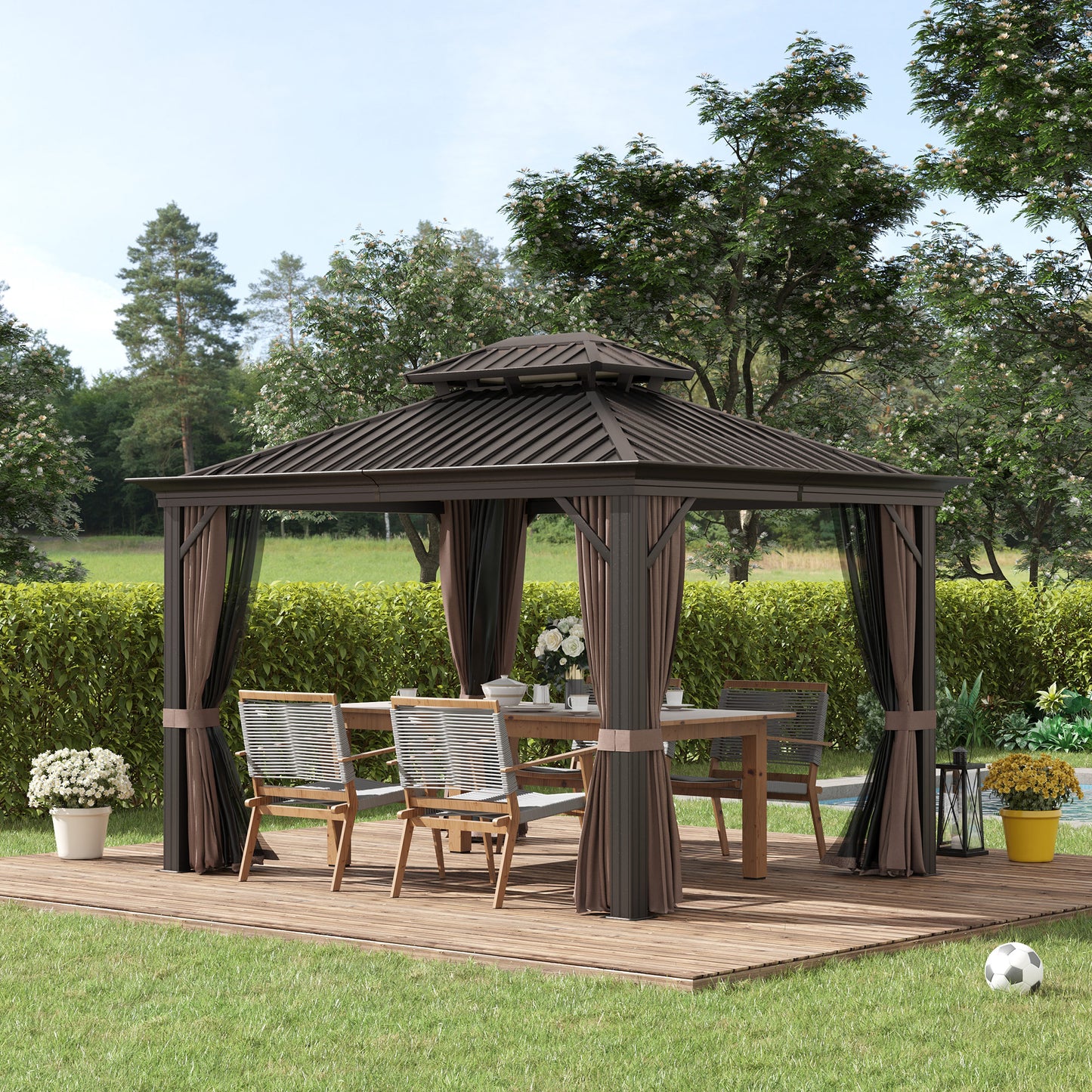 Outsunny 3.65 x 3m Aluminium Hardtop Gazebo With Accessories - Brown
