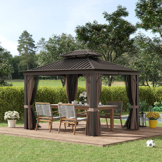 Outsunny 3.65 x 3m Aluminium Hardtop Gazebo With Accessories - Brown