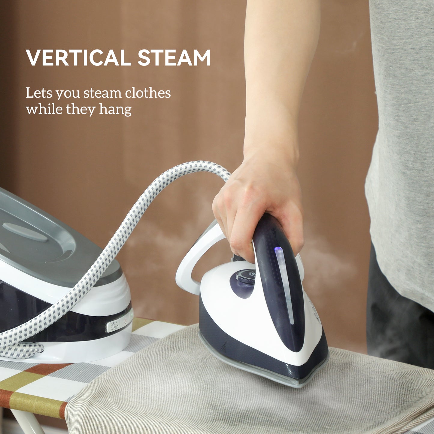Steam Generator Iron with ECO Mode, Self-Cleaning, Powerful Vertical Steam, Automatic Shut-Off, Ceramic Non-stick Soleplate, Large 1.5L, 8 Bar, 2600W, Blue