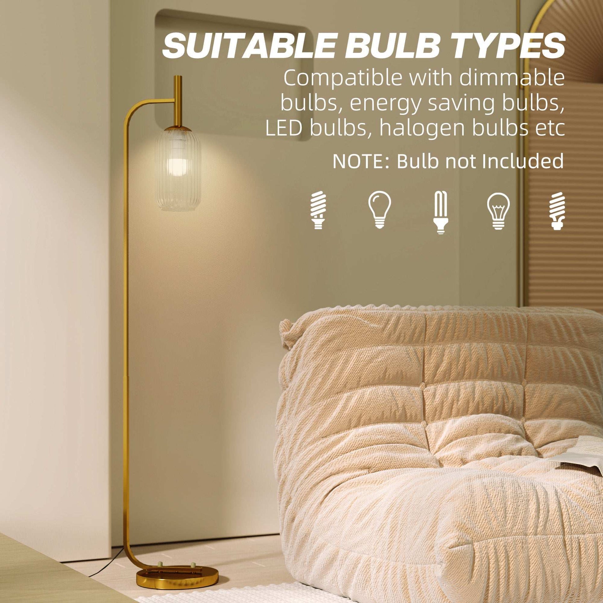 Floor Lamp for Living Room with Glass Lampshade, Modern Standing Lamp with Foot Switch for Bedroom, Bulb not Included, Gold Tone