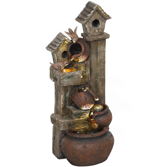 2-in-1 Waterfall Fountain with Birdhouse, Resin Garden Water Fountain with LED Lights Pump, Cascading Garden Water Feature with Tree Trunk Design