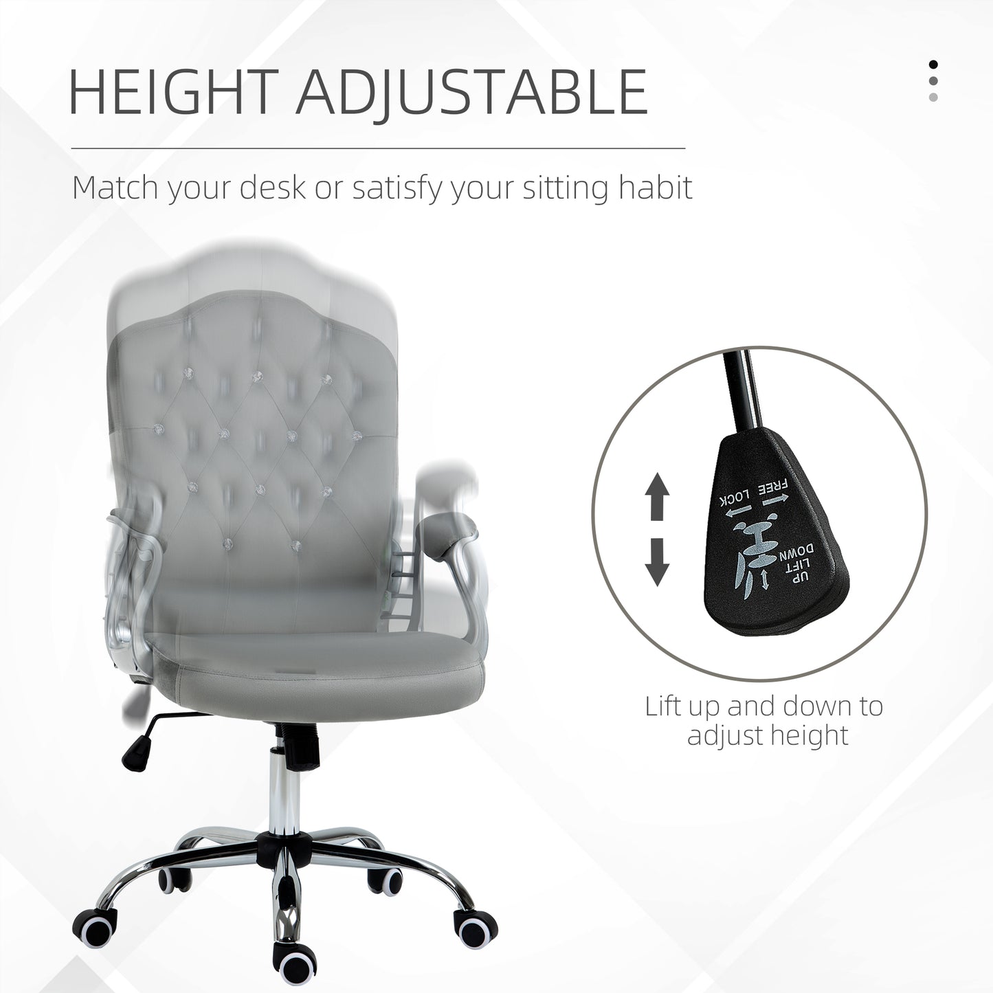 Glamour Velvet-Feel Office Chair | Diamante Back | Thick Padding | Adjustable Tilt | Armrests | 5 Wheels | Height Adjustable 47-57cm | 120kg | Grey