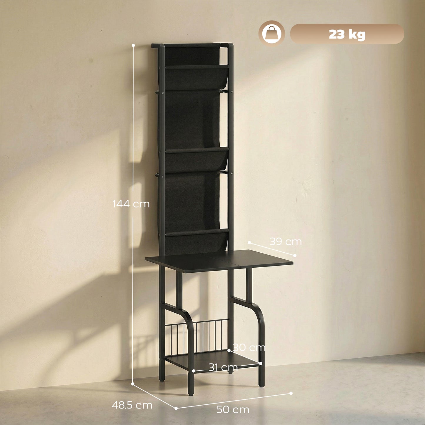 Vinyl Record Player Stand | 4 Oxford Fabric Sling Shelves | 40 CD Capacity | Industrial Black Metal Frame | Anti-Tip Hardware | Adjustable Feet | 23kg Total Capacity | 50x48.5x144cm | Black