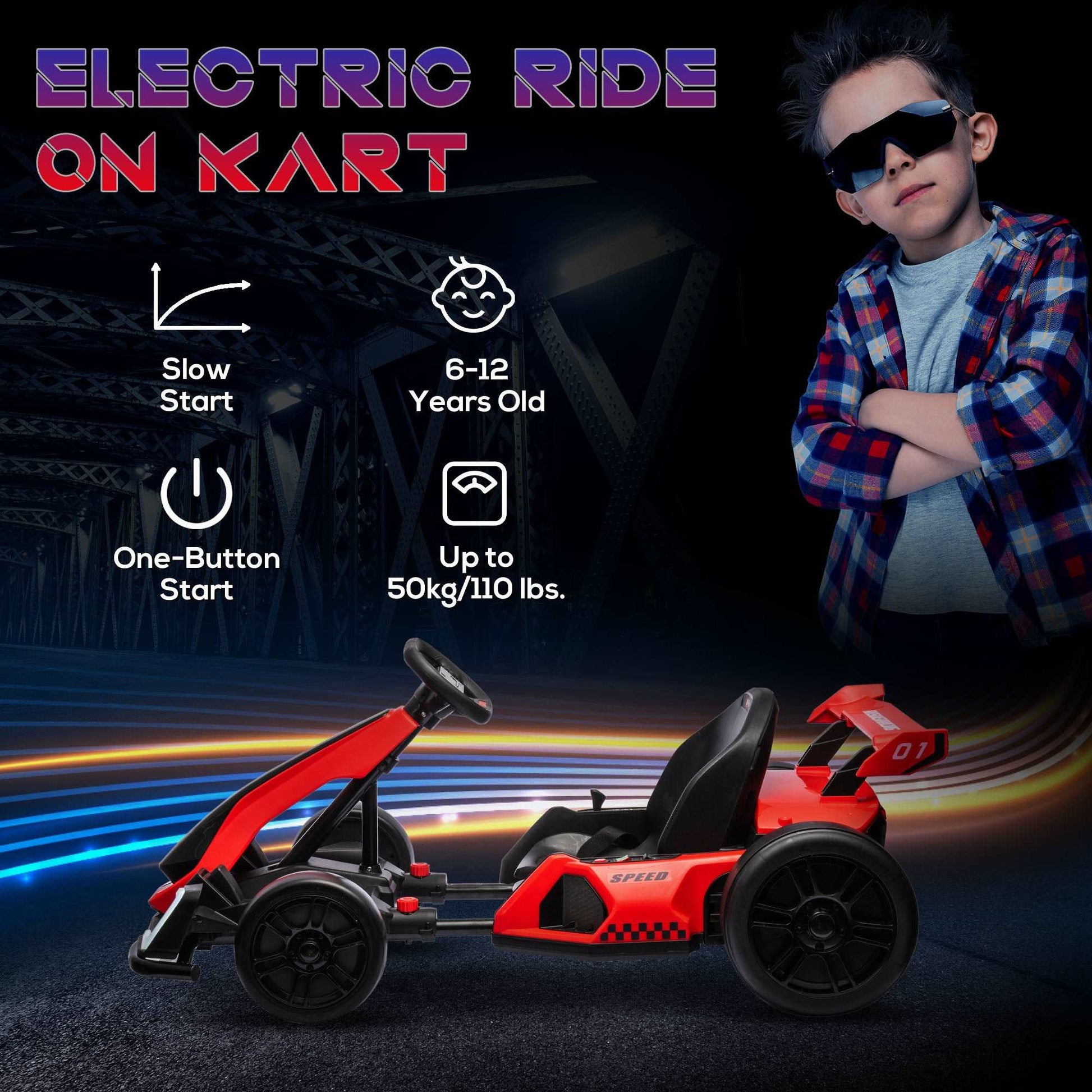 24V Electric Go Kart for Kids with Adjustable Seat for 6-12 Years Old