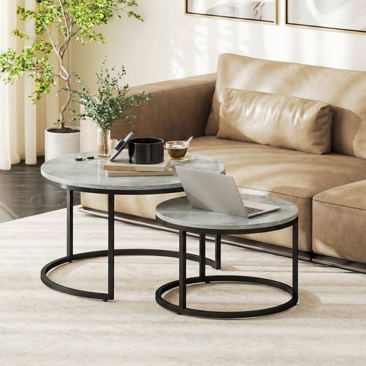 Set of 2 Stacking Coffee Tables | Round Marble Effect MDF Tops | Steel Frames | Stackable | Large 78.5cm & Small 59cm | 50kg | Marble Grey