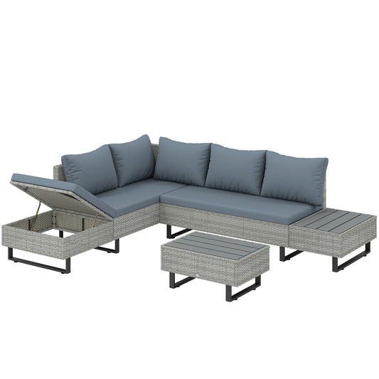 5 Seater L-Shaped Rattan Garden Corner Sofa Set | Adjustable Backrest & Chaise Lounge | Loveseat & Coffee Table | Zipped Cushion Covers | Powder-Coated Frame | 360kg Capacity | Grey