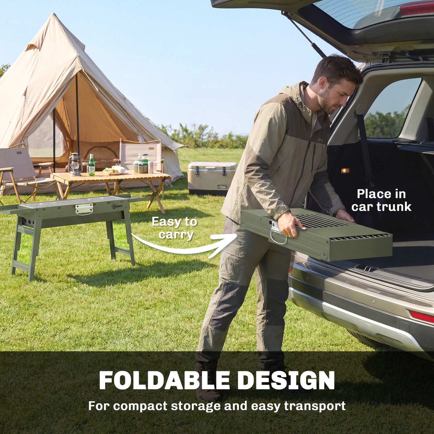 Outsunny Portable BBQ Grill, Foldable Charcoal Grill for Camping and Picnics with 2 Side Shelves and Handle