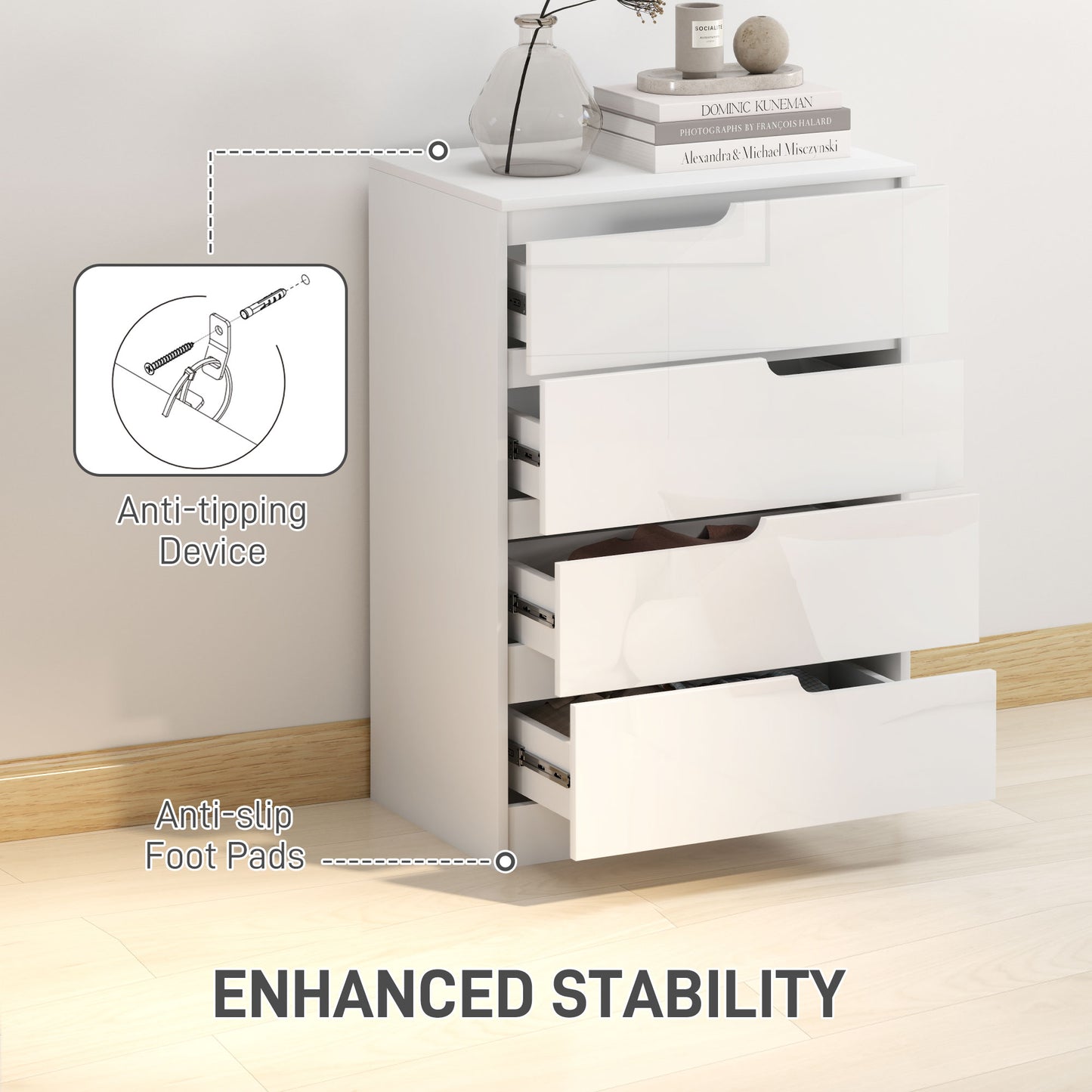 4 Drawer Chest of Drawers, Modern Dresser for Bedroom, Living Room, 60 x 40 x 85cm, White