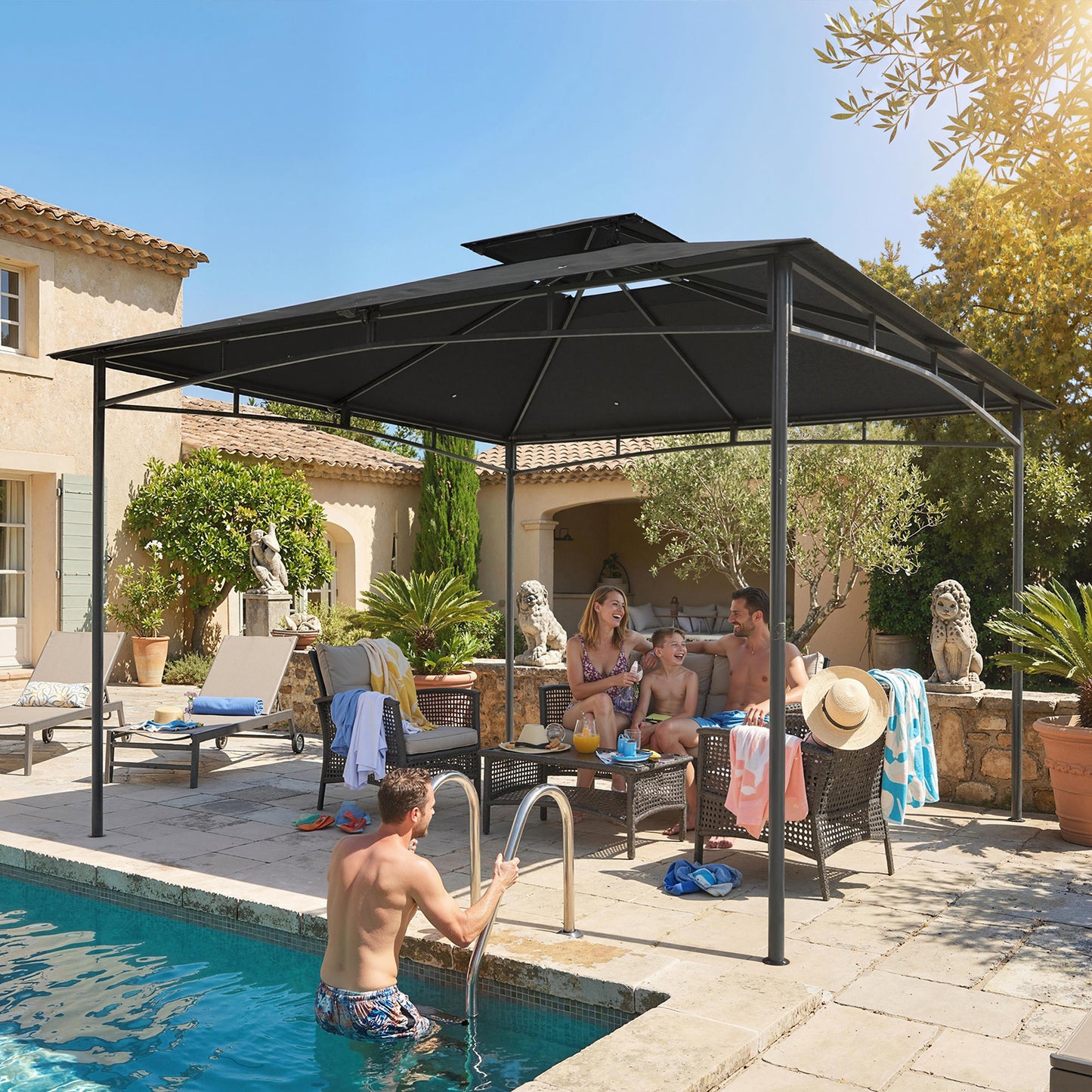 3x3m Garden Gazebo | Double-Tier Roof | UPF 50+ Waterproof | Rust-Resistant Metal Frame | 6-8 People | Dark Grey