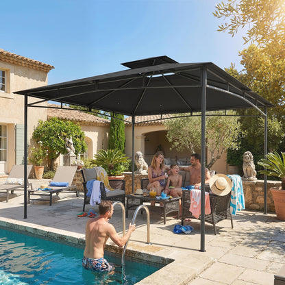 3x3m Garden Gazebo | Double-Tier Roof | UPF 50+ Waterproof | Rust-Resistant Metal Frame | 6-8 People | Dark Grey