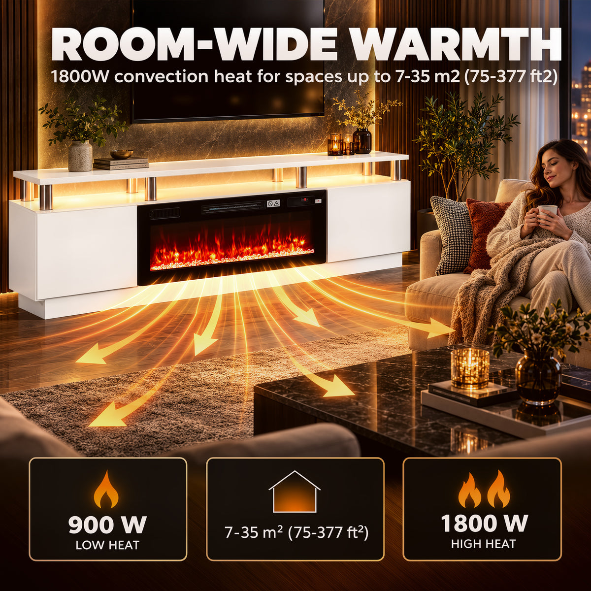 178cm Electric Fireplace TV Stand | Floating-Effect Top, LED Shelf & 2 Cabinets | 900/1800W, 12 Flame Colours, Remote & Timer | White