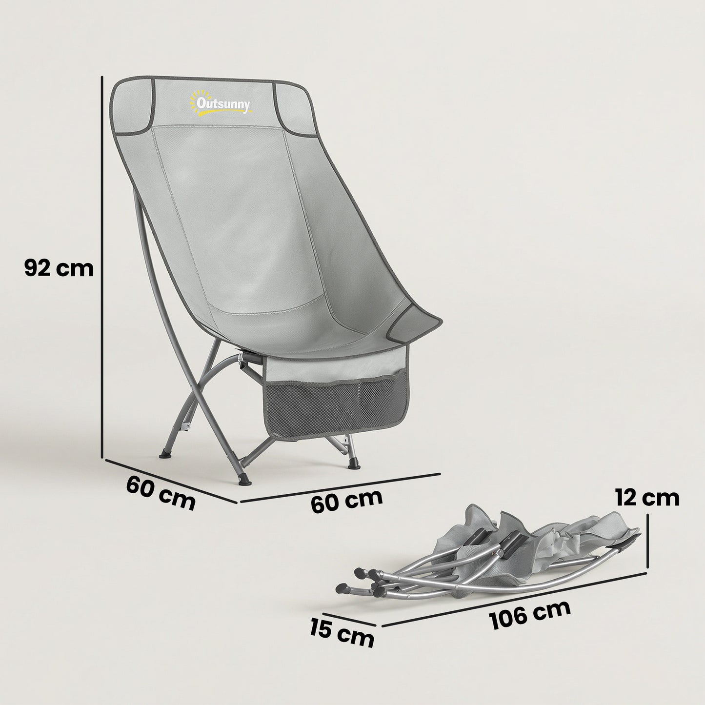 Outsunny Moon Camping Chair – Heavy Duty Folding Camp Chair, 120kg, Water-Repellent Oxford Fabric, Side Pocket & Carry Bag – Light Grey