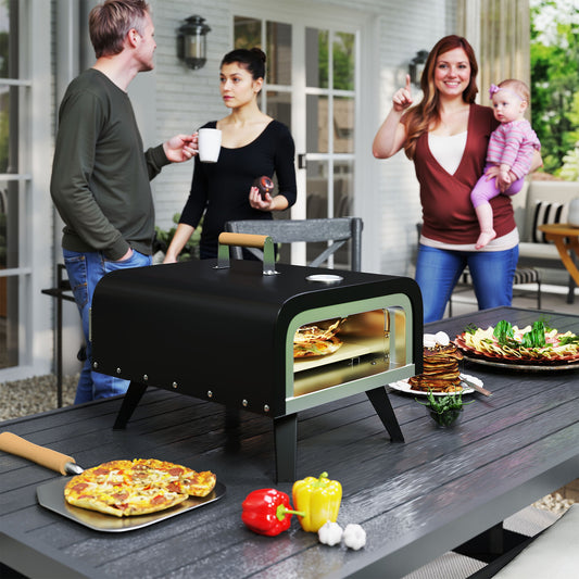 Outdoor Tabletop Gas Pizza Oven with 12" Stone and Peel, Portable Pizza Oven Maker with Thermometer, Foldable Legs, Handle, Gas Hose