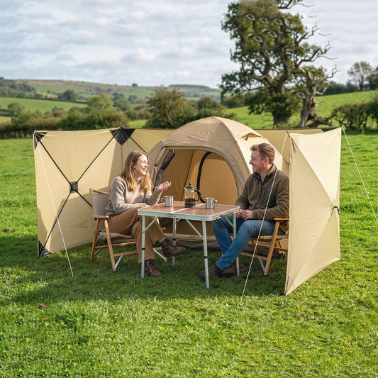 Outsunny Camping Windbreak 480 x 120cm – 4-Panel Pop-Up Wind Blocker, Level 6 Wind Resistance, PU-Coated Oxford Fabric, 3-Min Setup, 12 Stakes & 7 Guy Ropes – Khaki