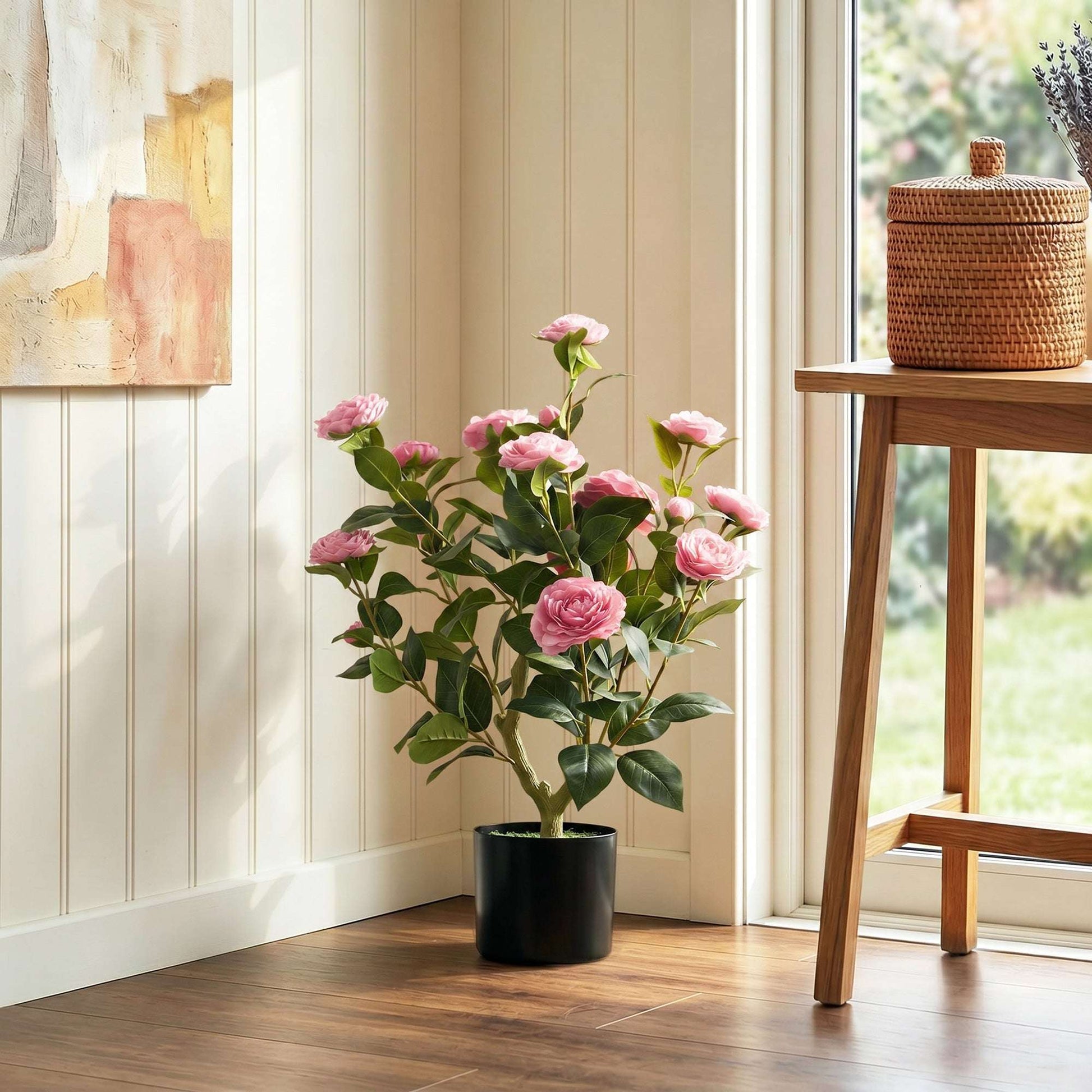 65cm Artificial Camellia Flower Plant in Pot | 116 PEVA Leaves | Silk Blossoms | Moss Effect Base | Cement-Filled Pot | Bendable Internal Wires | Maintenance-Free | Pink