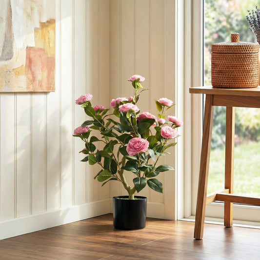 65cm Artificial Camellia Flower Plant in Pot | 116 PEVA Leaves | Silk Blossoms | Moss Effect Base | Cement-Filled Pot | Bendable Internal Wires | Maintenance-Free | Pink