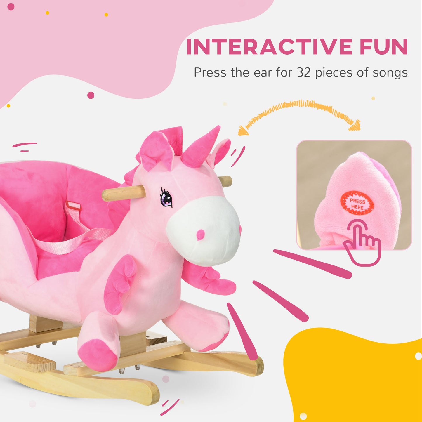 Kids Rocking Horse Ride on Unicorn with Songs, Wooden Base, Seat Belt, for 18-36 Months
