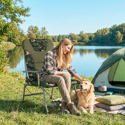 Padded Reclining Camping Chair | 175° Recline | 18D Foam | 600D Oxford | 200kg | Adjustable Height 45-58.5cm | 360° Pivoting Feet | Camouflage