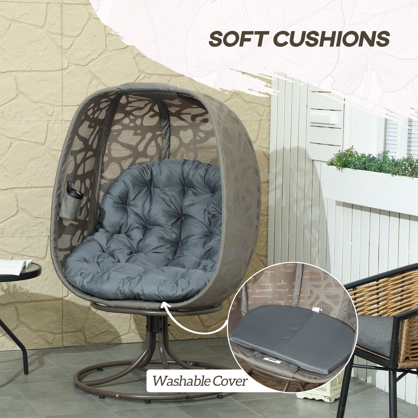 Swivel Egg Chair with Cushions, Foldable Basket Seat and Metal Frame, Indoor Outdoor Lounge Chair for Balcony, Patio and Living Room