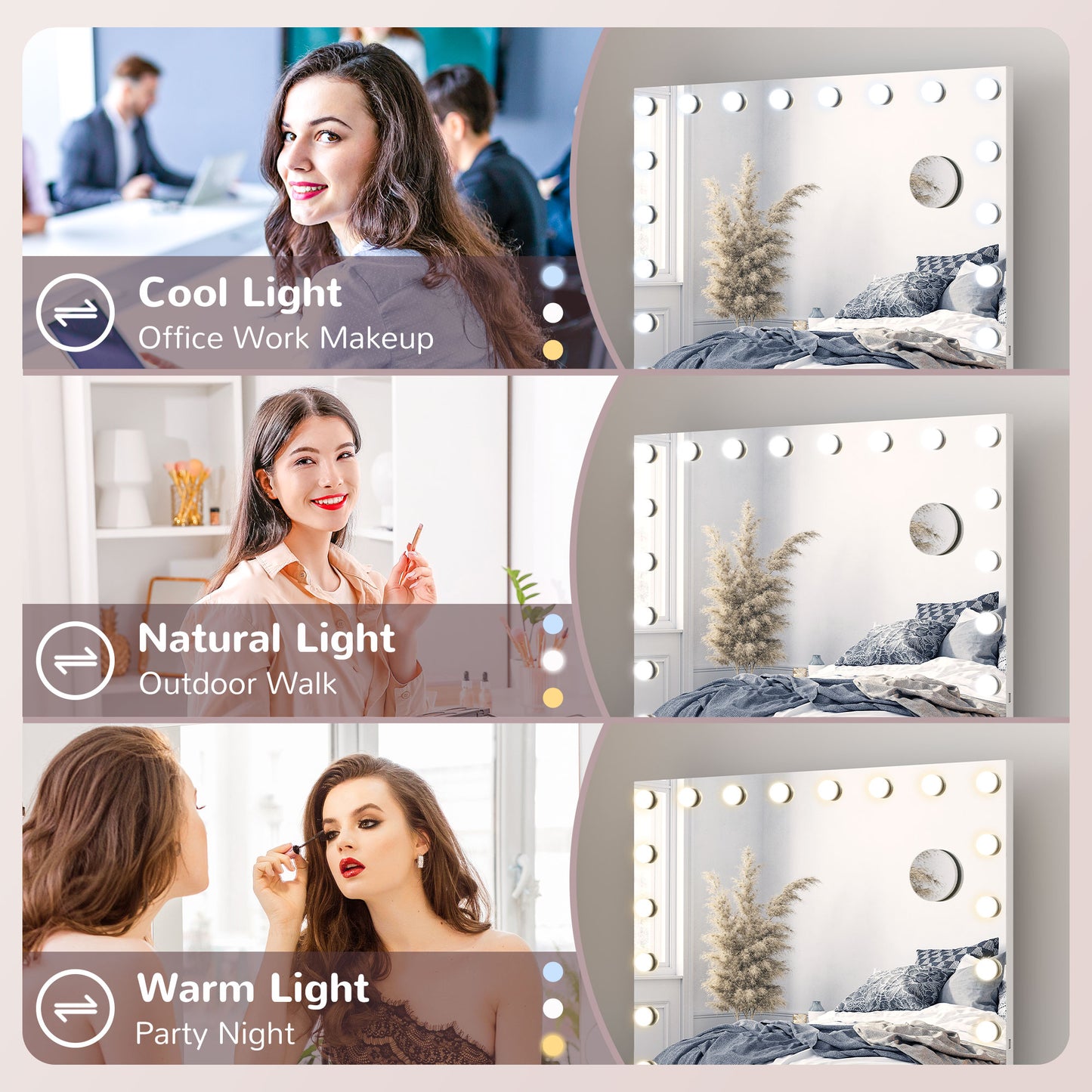 Hollywood Vanity Mirror with Lights, Large 80x62 cm Lighted Makeup Mirror with 3 Colour, 18 LED Bulbs, 10X Magnifying, USB Charging Port, Touch Screen White