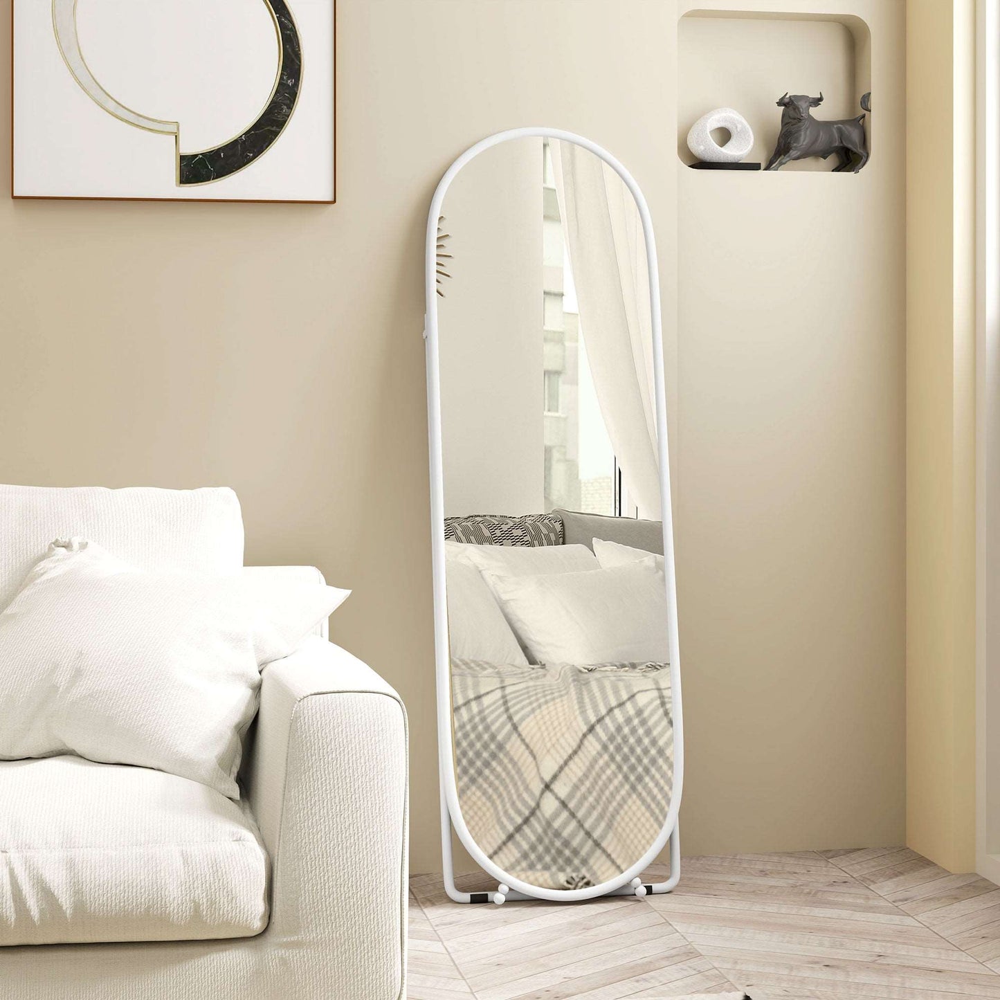 40 x 160cm Full Length Mirror, Floor Standing, Wall-Mounted or Leaning Against Wall Tall Mirror with Support Frame, Oval Full Body Mirror for Bedroom, Living Room, White