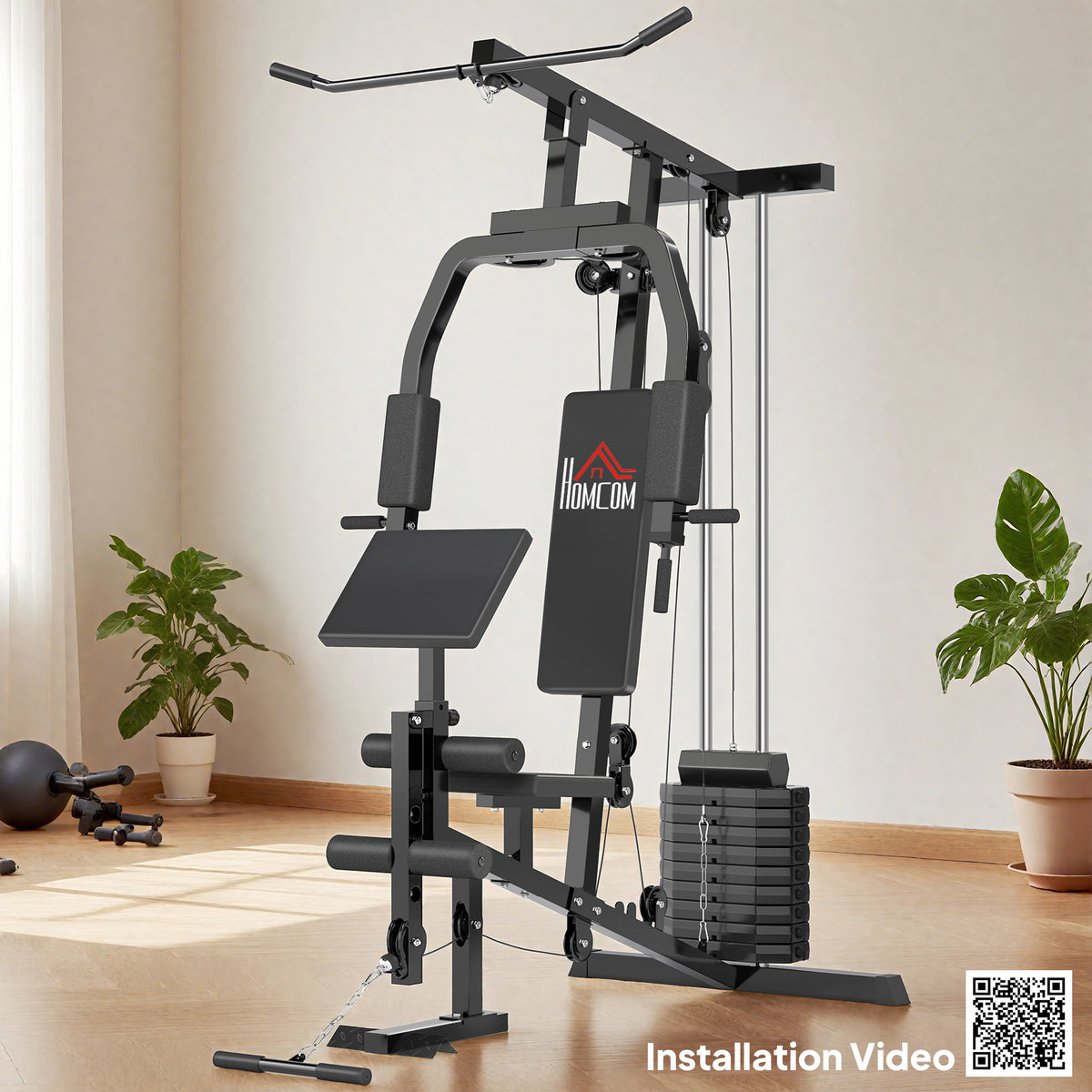 Multi Gym Station | Black | 148x108x207cm | 45kg Weight Stack | 10 Blocks | Chest Press | Butterfly Press | Leg Developer | 0-90° Arm Rotation | 120kg Max | Steel & PU