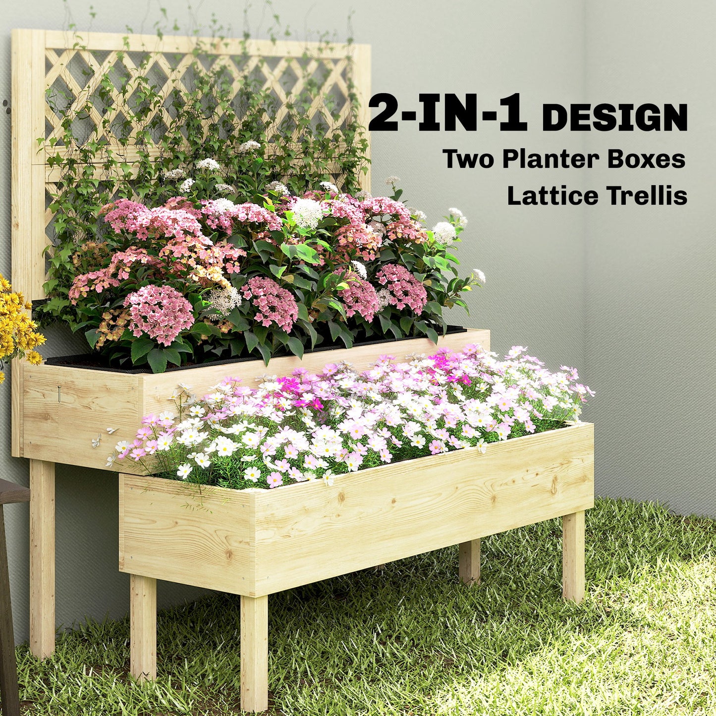 2-Tier Stepped Raised Garden Bed with Trellis | Fir Wood | 2 Planter Boxes with Liners | Drainage Gaps | 40kg Capacity | Ergonomic Tiered Design | 108x62x120cm | Natural Wood