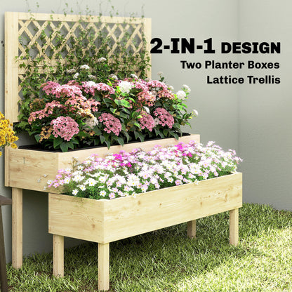 2-Tier Stepped Raised Garden Bed with Trellis | Fir Wood | 2 Planter Boxes with Liners | Drainage Gaps | 40kg Capacity | Ergonomic Tiered Design | 108x62x120cm | Natural Wood