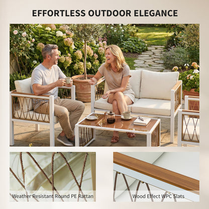 4-Piece PE Rattan Garden Sofa Set | Loveseat | 2 Armchairs | Tempered Glass Coffee Table | Galvanised Metal Frame | Wood-Effect WPC Slats | 8cm Seat & 12cm Back Cushions | Non-Slip Mats | Washable Covers | 120kg Per Seat | Cream White