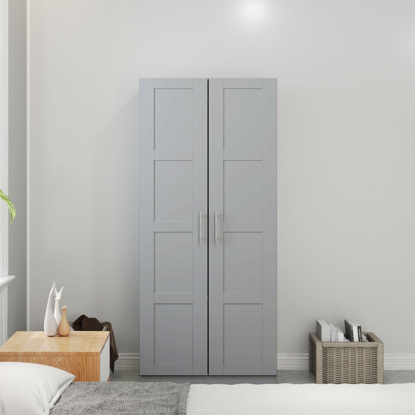 Double Paneled Door Wardrobe, with Shelves - Grey