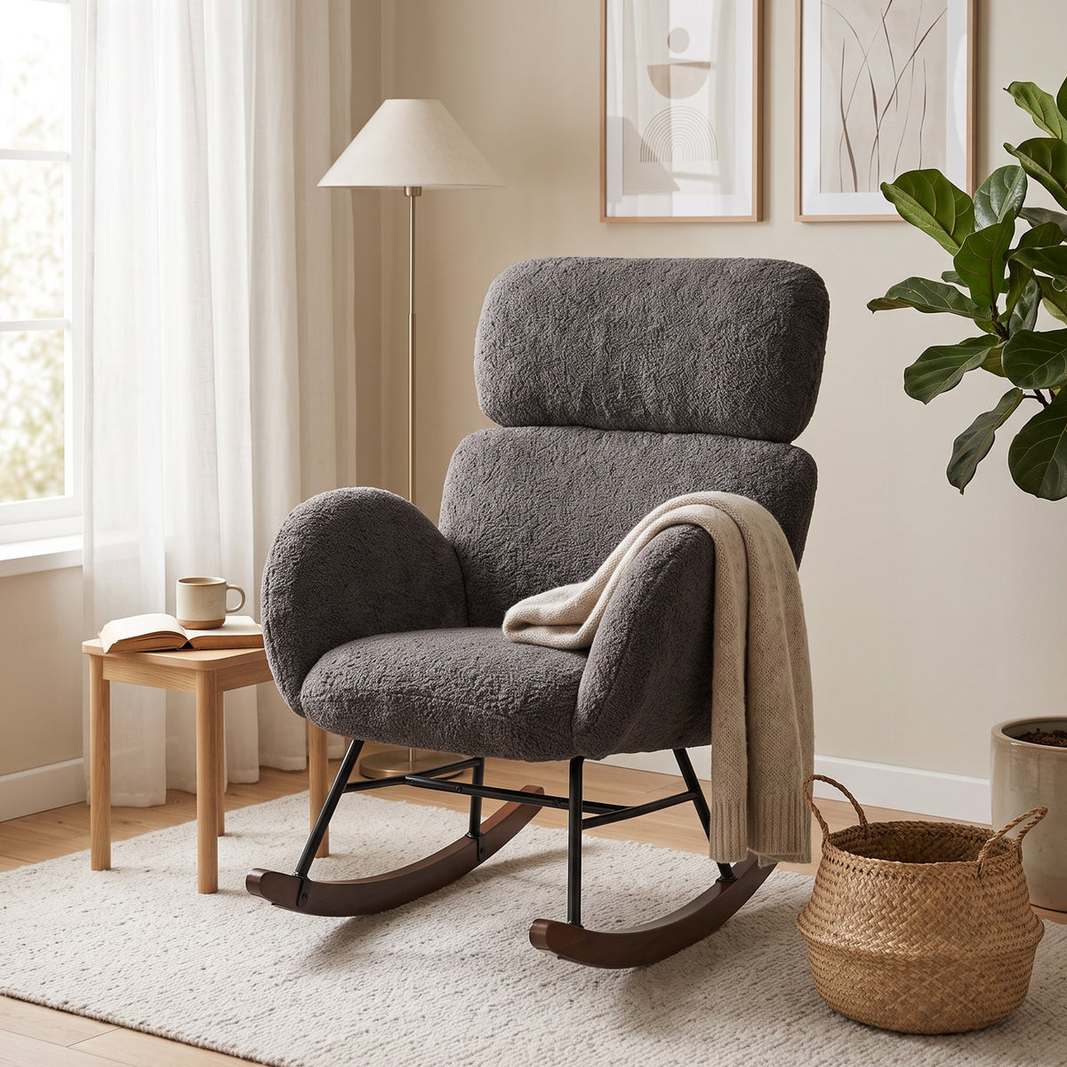 Rocking Chair | Dark Grey Velvet Upholstery with Adjustable 8 cm Headrest, 105° Glide & High-Density Foam | Walnut Base | 120 kg