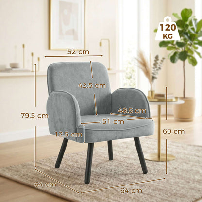 Velvet Upholstered Accent Armchair | 12.5cm Pocket Spring Seat | Carbon Steel Frame | Adjustable Feet | 120kg Capacity | 64x64x79.5cm | Grey
