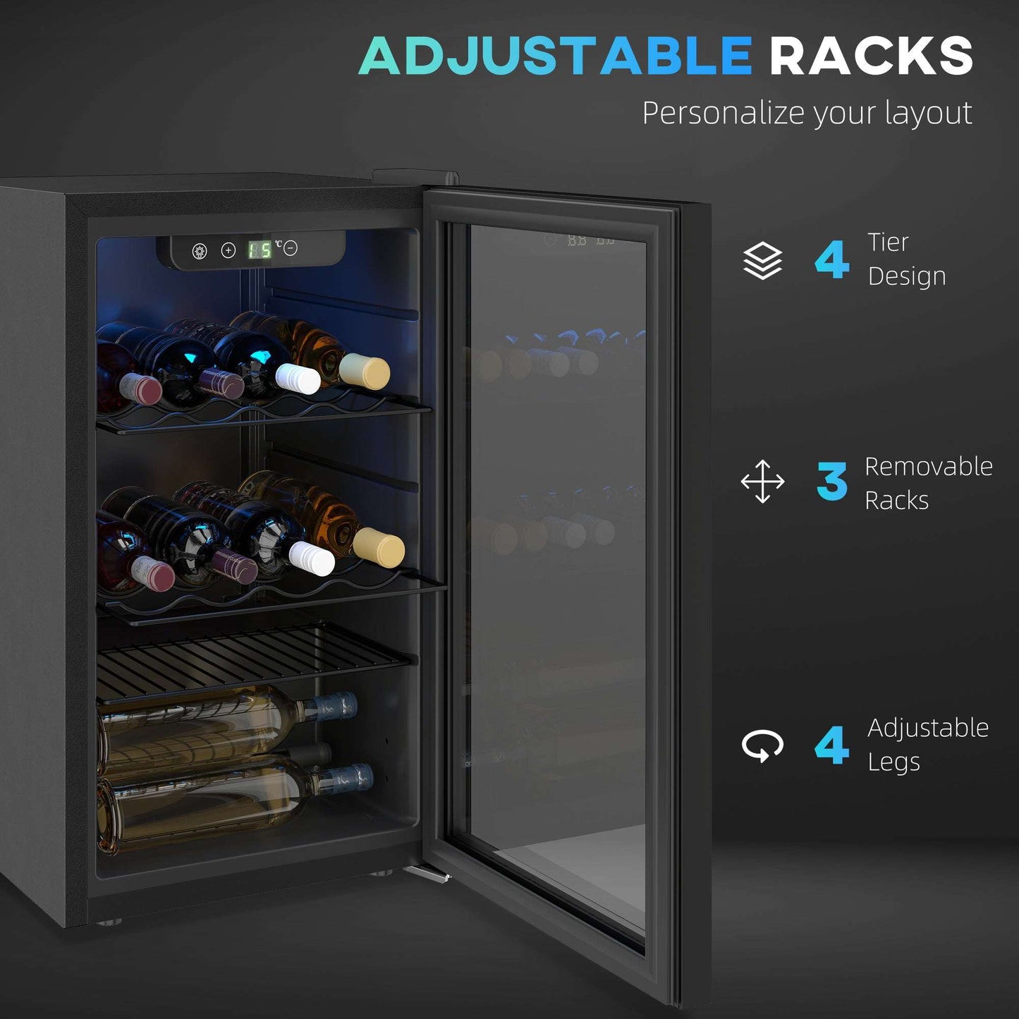 24 Bottle Wine Cooler, 68 Litre Capacity, 4-16°C Freestanding Drinks Beer Wine Fridge with Glass Door, Black