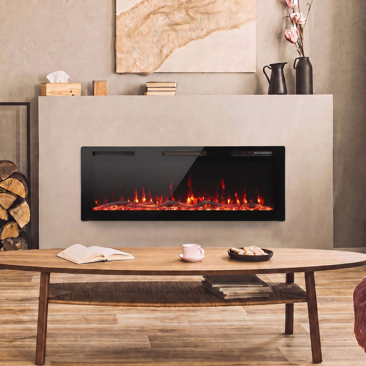 107cm Slim Electric Fireplace | Wall Mounted, Recessed or Freestanding | 900/1800W, 12 Flame Colours, Remote, ECO & 7-Day Timer | Black