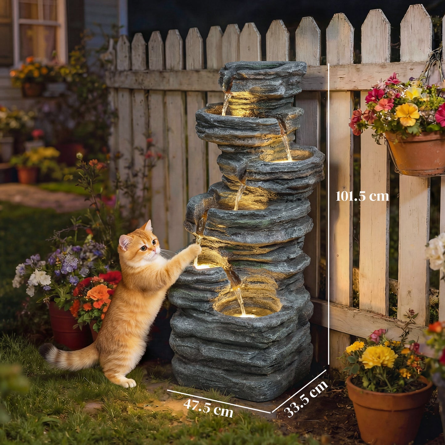 6-Tier Cascading Garden Water Fountain | LED Lights | Resin | Grey | 101.5cm